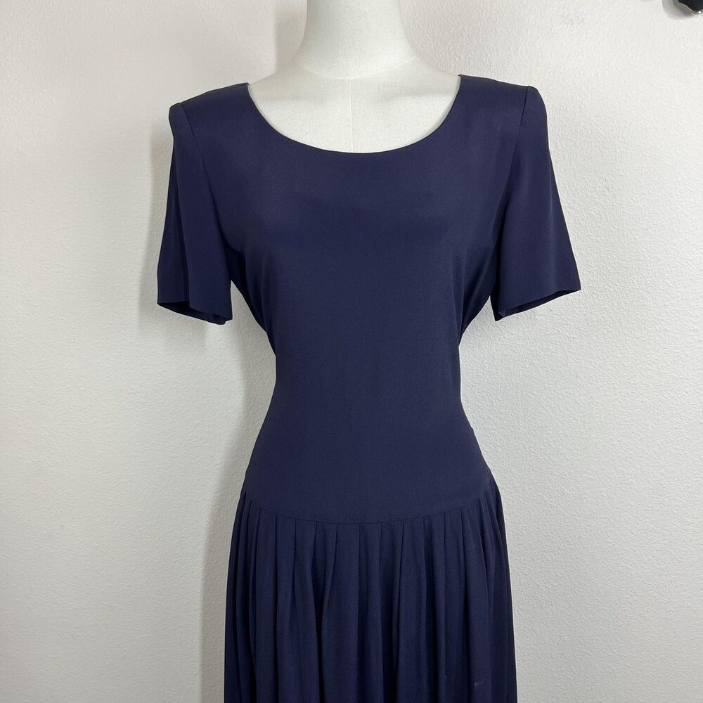 Vintage Donna Ricco Dress Womens 4 Blue Fit Flare Midi Bow 90s Party Wedding - Picture 3 of 9